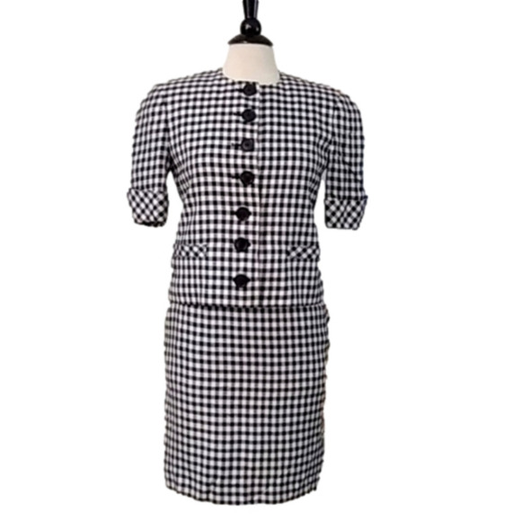 𝅺VINTAGE 80's Evan Picone 2 Pc Skirt Suit Houndstooth Herringbone Black & White - Picture 1 of 15